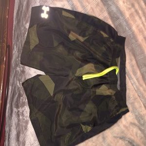 Under Armor (Large) Camouflage swimming trunks with hi-vis yellow drawstring.